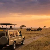 Safari vehicle overlooking Queen Elizabeth National Park Uganda at sunset