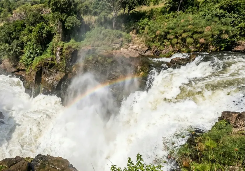 The massive River Nile forcing through the narrow gorge at Murchison Falls Safari Uganda