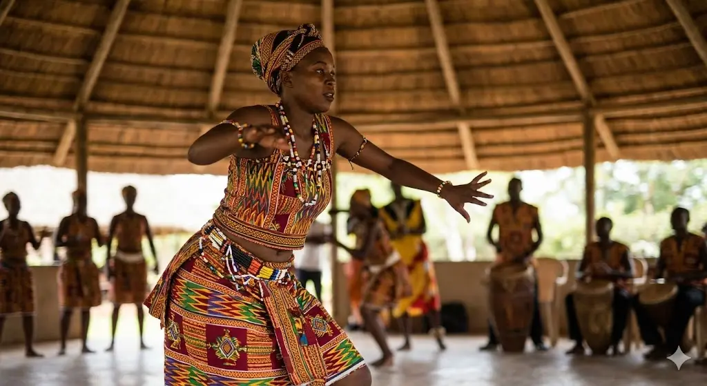 Traditional Ugandan dancer performing in colorful attire during a cultural community tour.